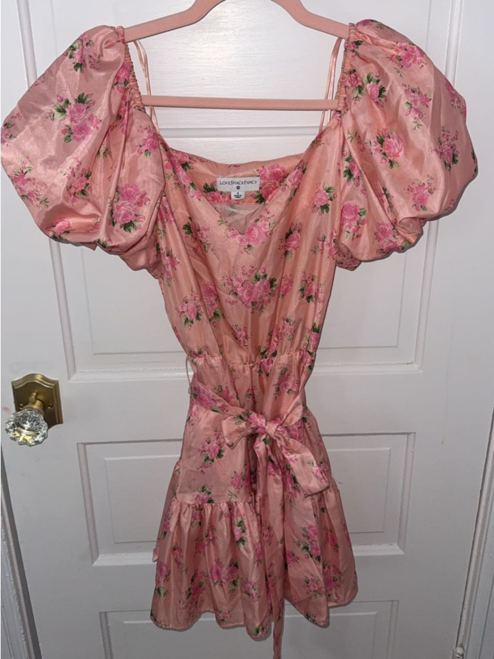 LoveShackFancy Pink Floral V-Neck Mini Dress